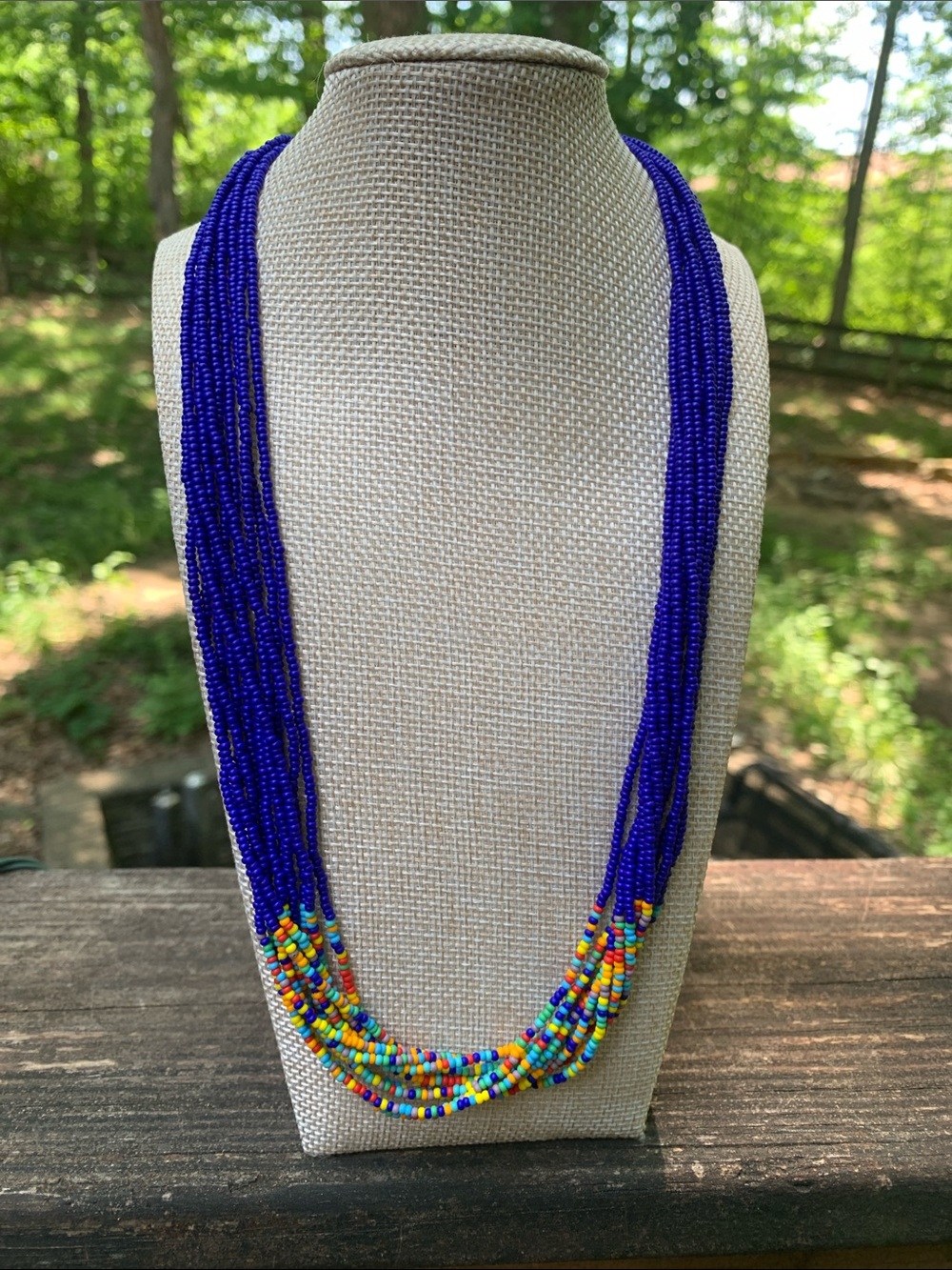 Handmade Multistrand Blue Beaded Necklace with multicolor accent beads